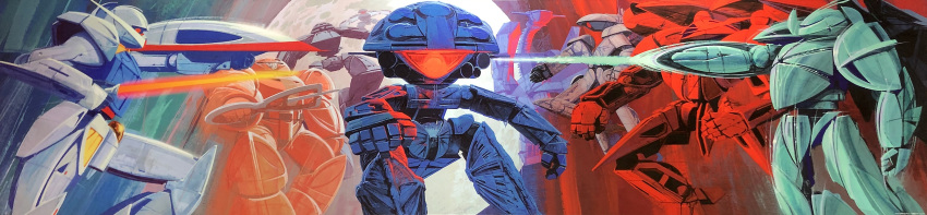 90s absurdres bandit_(mobile_suit) beam_saber facial_hair flat_(mobile_suit) gundam highres jet_stream_(mobile_suit) long_image mecha moon mustache no_humans official_art oldschool production_art red_eyes science_fiction shield sumo_(mobile_suit) syd_mead traditional_media turn_a_gundam turn_a_gundam_(mobile_suit) turn_x wadom wide_image