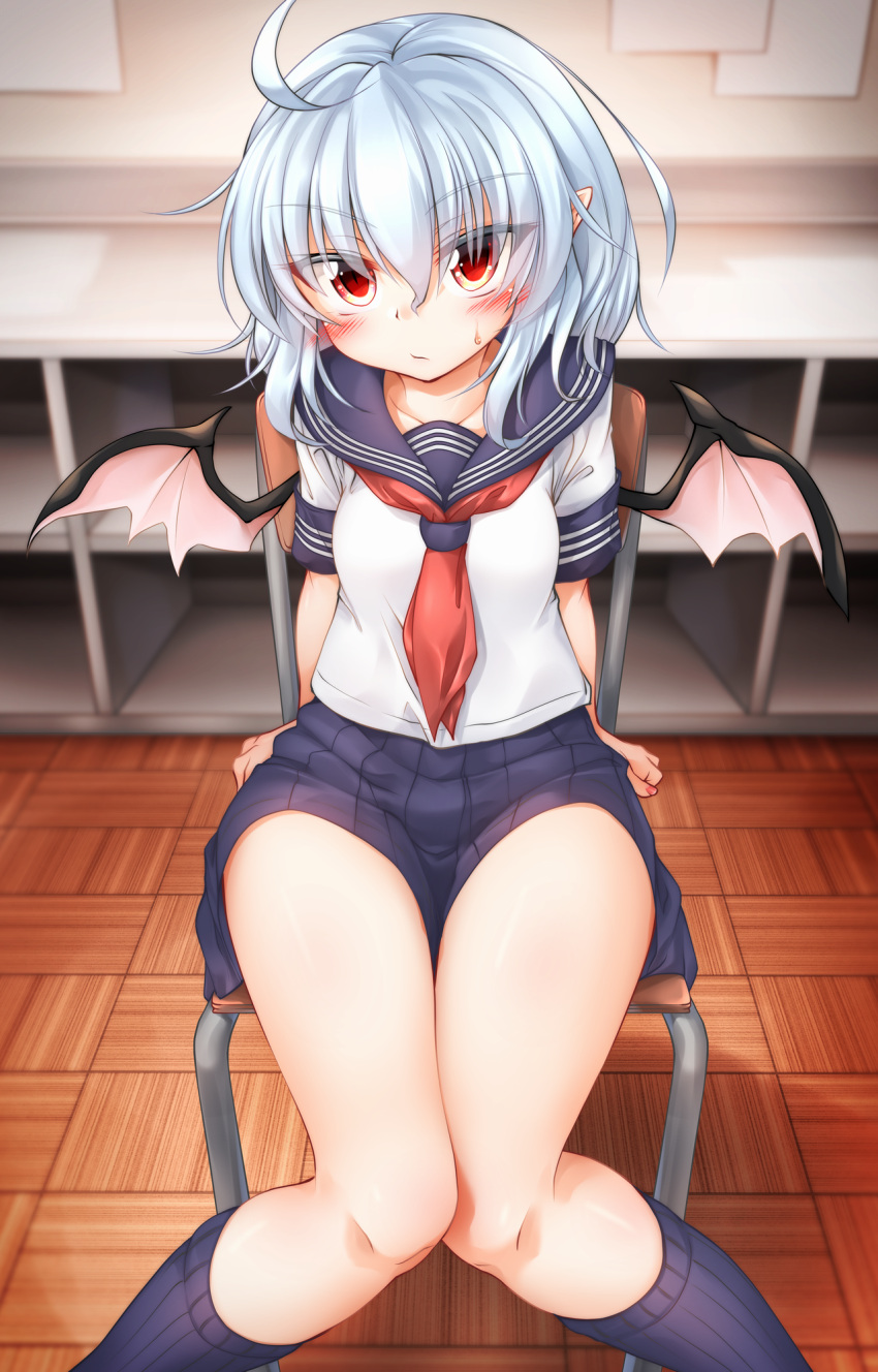 1girl ahoge alternate_costume bangs bat_wings blue_hair blue_legwear blue_sailor_collar blue_skirt blush breasts chair collarbone commentary_request contemporary eyebrows_visible_through_hair feet_out_of_frame hair_between_eyes highres indoors kneehighs knees_together_feet_apart looking_at_viewer m9kndi miniskirt neckerchief no_hat no_headwear pleated_skirt pointy_ears red_eyes red_neckwear remilia_scarlet sailor_collar school_uniform serafuku shadow shirt short_hair short_sleeves sitting skirt small_breasts solo sweat thighs touhou white_shirt wings