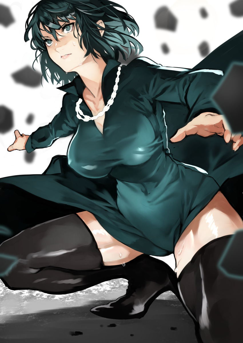 1girl 55level absurdres bangs black_footwear breasts commentary_request debris dress fighting_stance fubuki_(one-punch_man) green_dress green_eyes green_hair high_collar highres jewelry large_breasts necklace one-punch_man pink_lips short_hair skirt skirt_lift squatting sweat taut_clothes taut_dress thighs