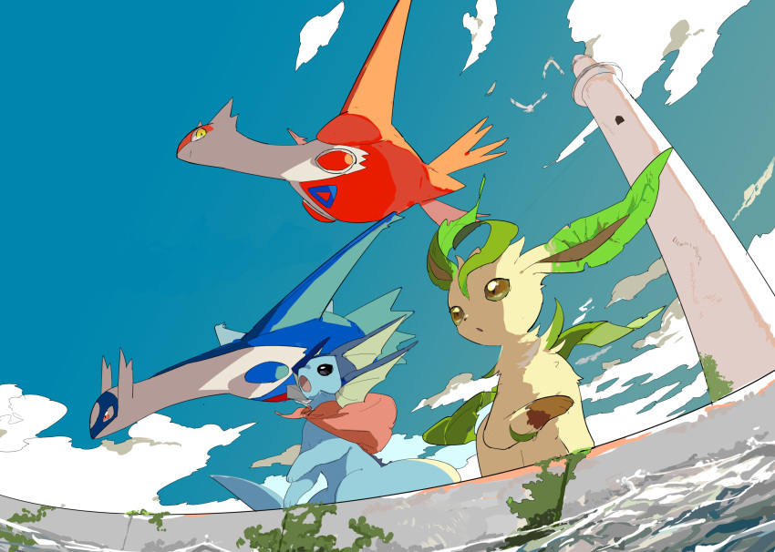 4others apios1 black_eyes blue_sky brown_eyes clouds dutch_angle fisheye head_fins highres latias latios leafeon lighthouse looking_down mermaid monster_girl moss multiple_others open_mouth pokemon sky smile split_tail stone_floor vaporeon water wingull yellow_eyes