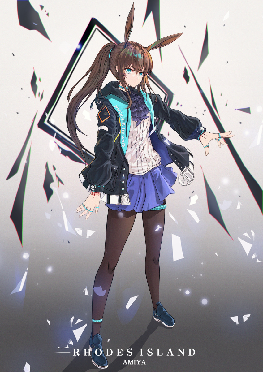 1girl absurdres amiya_(arknights) animal_ears anklet arknights ascot black_coat black_neckwear blue_eyes blue_footwear blue_skirt brown_hair brown_legwear bunny_girl closed_mouth coat full_body gradient gradient_background grey_background highres hooded_coat jewelry long_hair long_sleeves looking_at_viewer miniskirt neon_(hhs9444) open_clothes open_coat pantyhose pleated_skirt ponytail rabbit_ears serious shirt sidelocks skirt solo standing striped striped_shirt thighlet vertical-striped_shirt vertical_stripes white_shirt