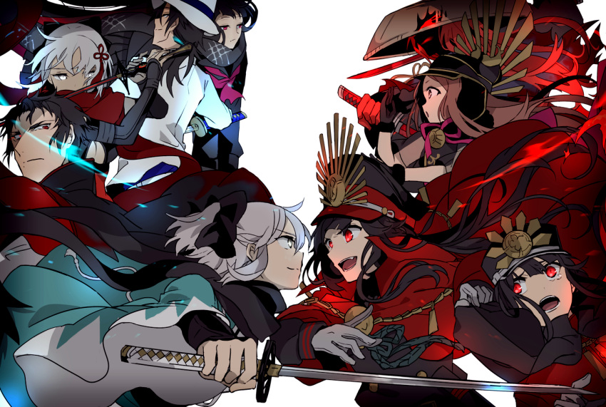4boys 5girls ahoge black_bow black_gloves black_hair black_haori black_scarf bow brown_hair buttons cape chacha_(fate/grand_order) closed_mouth crying crying_with_eyes_open dark_skin fate/grand_order fate_(series) fighting gloves hair_bow hat hiiragi_fuyuki hijikata_toshizou_(fate/grand_order) holding holding_sword holding_weapon jacket japanese_clothes kimono long_hair long_sleeves looking_at_another military military_uniform multiple_boys multiple_girls oda_nobukatsu_(fate/grand_order) oda_nobunaga_(fate) oda_nobunaga_(fate)_(all) okada_izou_(fate) okita_souji_(alter)_(fate) okita_souji_(fate) okita_souji_(fate)_(all) open_mouth oryou_(fate) peaked_cap red_cape red_eyes redhead sakamoto_ryouma_(fate) scarf school_uniform short_hair sidelocks simple_background smile sword tears teeth uniform weapon white_background white_gloves white_hair white_headwear white_jacket