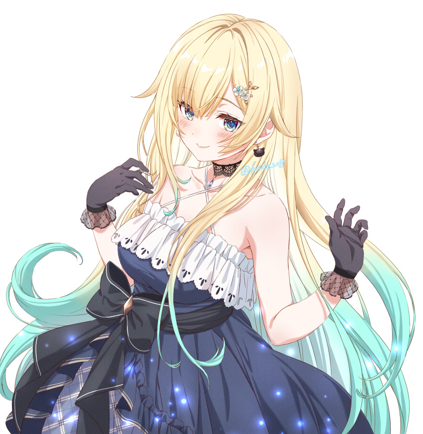 1girl absurdres aizawa_ema armpit_crease bangs bare_shoulders black_gloves blonde_hair blue_dress blue_eyes blue_hair blush bow breasts cat_earrings choker closed_mouth criss-cross_halter dress dress_bow earrings fuusuke_(fusuke208) gloves gradient_hair hair_ornament halterneck highres jewelry large_breasts long_hair looking_at_viewer multicolored_hair sheer_gloves simple_background smile solo twitter_username very_long_hair virtual_youtuber vspo! white_background