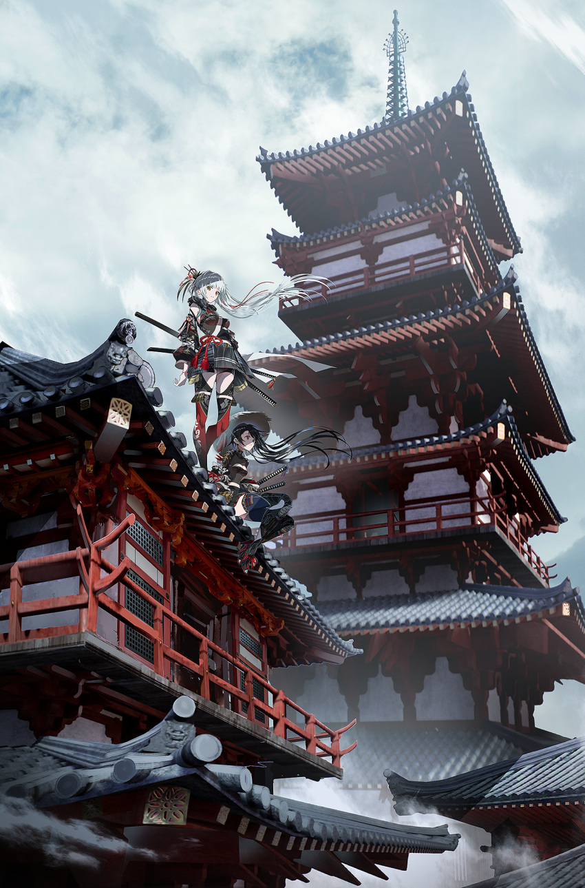 2girls architecture black_hair breasts castle clouds cloudy_sky commentary detached_sleeves east_asian_architecture hair_ornament hat highres japanese_clothes katana leg_armor long_hair miniskirt multiple_girls original outdoors red_eyes scabbard scenery sheath sheathed shoulder_armor silver_hair sitting skirt sky standing swav sword weapon yellow_eyes