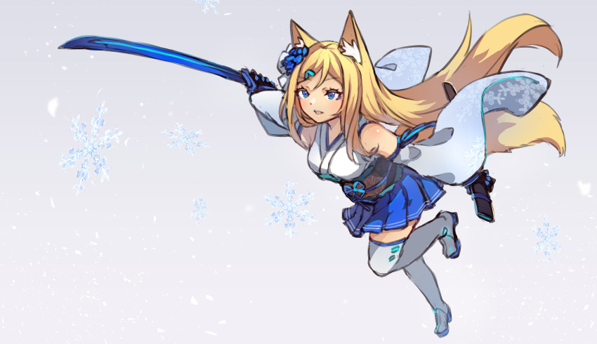 1girl animal_ear_fluff animal_ears bangs bare_shoulders blonde_hair blue_flower blue_skirt blue_sleeves boots breasts detached_sleeves eyebrows_visible_through_hair flower fox_ears fox_girl fox_tail glowing glowing_weapon hair_flower hair_ornament hairclip highres holding holding_sheath holding_sword holding_weapon japanese_clothes katana kimono long_hair long_sleeves medium_breasts miya_(pixiv15283026) obi original outstretched_arm parted_lips pleated_skirt sash sheath skirt sleeveless sleeveless_kimono sleeves_past_wrists snowflake_print snowflakes solo standing standing_on_one_leg sword tail thigh-highs thigh_boots v-shaped_eyebrows very_long_hair weapon white_footwear white_kimono white_legwear wide_sleeves