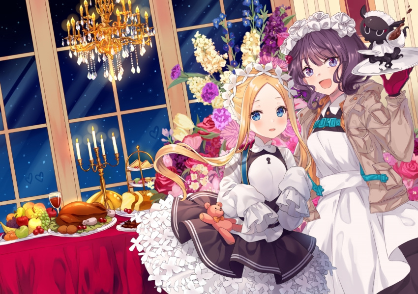 2girls :d abigail_williams_(fate/grand_order) animal apple apron banana bangs black_dress blonde_hair blue_eyes blush bread brown_jacket butterfly_hair_ornament candle candlestand collared_dress commentary_request dress fate/grand_order fate_(series) fire flower food fruit grapes green_apple hair_ornament heroic_spirit_festival_outfit holding holding_tray indoors jacket katsushika_hokusai_(fate/grand_order) long_sleeves maid_headdress multiple_girls night night_sky octopus open_clothes open_jacket open_mouth parted_bangs pink_flower purple_flower purple_hair red_apple shirt sidelocks sky sleeveless sleeveless_dress sleeves_past_fingers sleeves_past_wrists smile star_(sky) starry_sky stuffed_animal stuffed_toy teddy_bear ten-chan_(eternal_s) tokitarou_(fate/grand_order) tray turkey_(food) white_apron white_shirt window