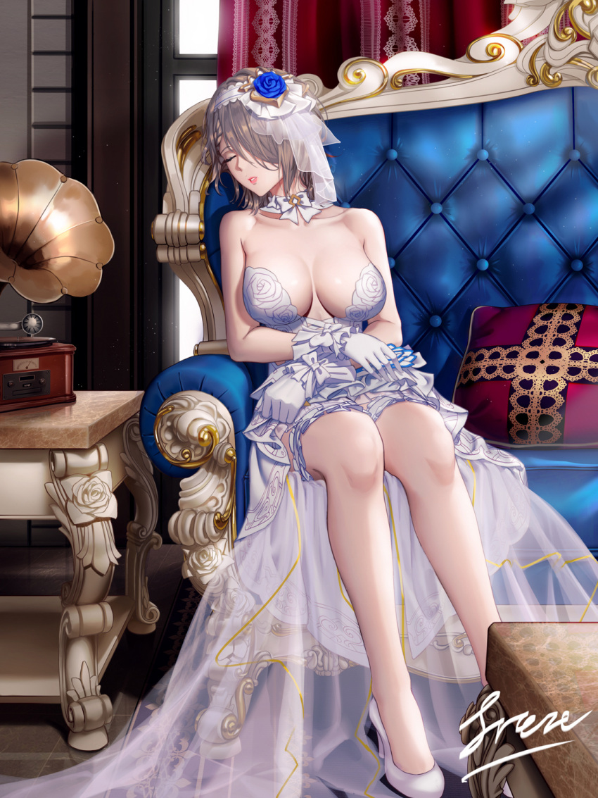 1girl alternate_costume bangs bare_shoulders blush braid breasts bridal_veil bride couch dress flower freze gloves hair_flower hair_ornament head_tilt high_heels highres honkai_(series) honkai_impact_3rd indoors large_breasts rita_rossweisse rita_rossweisse_(vow_of_roses) short_hair sitting sleeping solo strapless strapless_dress thigh-highs veil white_dress white_footwear white_gloves white_legwear