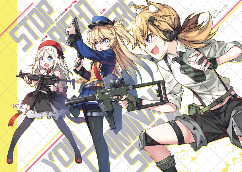 3girls animal_ears black_dress black_legwear blonde_hair blue_coat blue_eyes blue_headwear blue_skirt bushman_idw cat_ears character_name coat dress fingerless_gloves girls_frontline gloves gun h&amp;k_mp5 hat headset holding holding_gun holding_weapon idw_(girls_frontline) long_hair long_sleeves mp5_(girls_frontline) multiple_girls necktie open_mouth panties police_hat ress serbu_super-shorty shotgun skirt sleeves_rolled_up submachine_gun super_shorty_(girls_frontline) underwear weapon white_hair