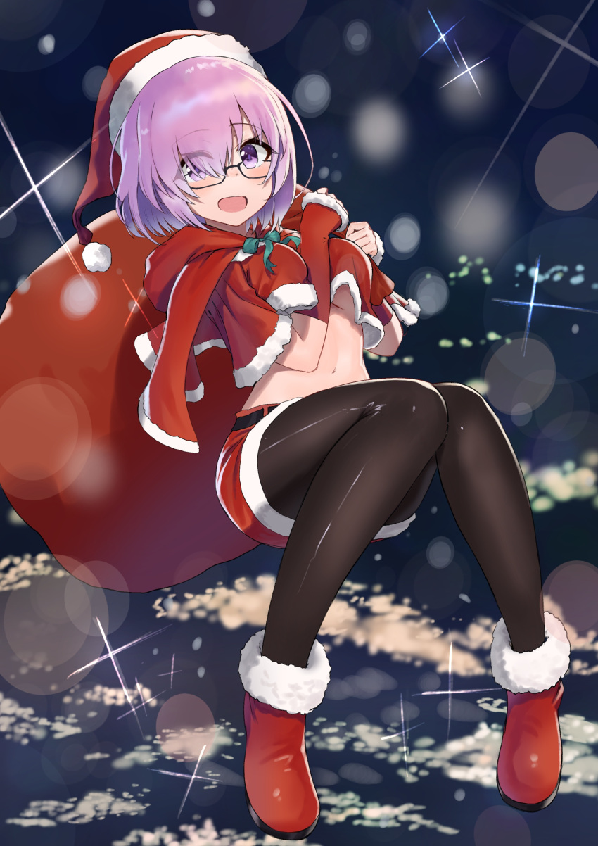 1girl :d absurdres arm_warmers bangs belt black-framed_eyewear black_legwear boots breasts capelet christmas commentary_request crop_top crop_top_overhang eyes_visible_through_hair fate/grand_order fate_(series) fur_trim glasses green_neckwear hair_over_one_eye hat highres holding holding_sack hood hood_down hooded_capelet jjeono large_breasts lavender_hair looking_at_viewer mash_kyrielight midriff miniskirt navel open_mouth pantyhose red_footwear red_headwear red_shirt red_skirt sack santa_costume santa_hat shirt short_hair skirt smile solo violet_eyes