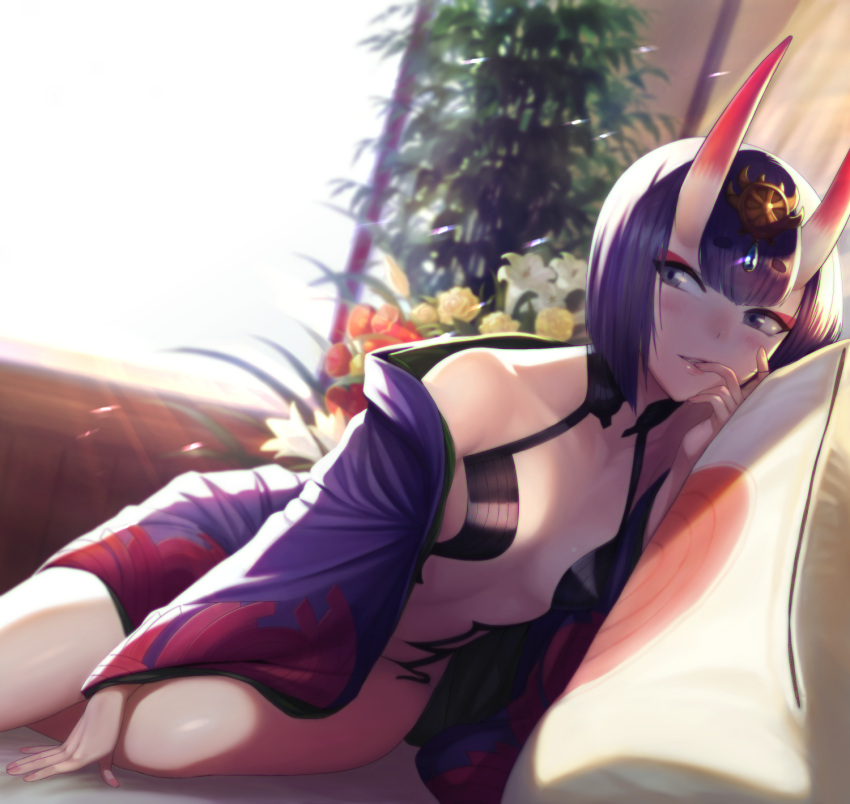 1girl backlighting bajima_shouhei bangs blurry blush breasts couch depth_of_field eyebrows_visible_through_hair eyeshadow fate/grand_order fate_(series) finger_in_mouth flower highres horns indoors japanese_clothes kimono leaning_to_the_side lips looking_at_viewer lying makeup off_shoulder oni oni_horns parted_lips pillow plant purple_hair reclining short_hair shuten_douji_(fate/grand_order) sitting skin-covered_horns small_breasts smile solo sunlight violet_eyes window