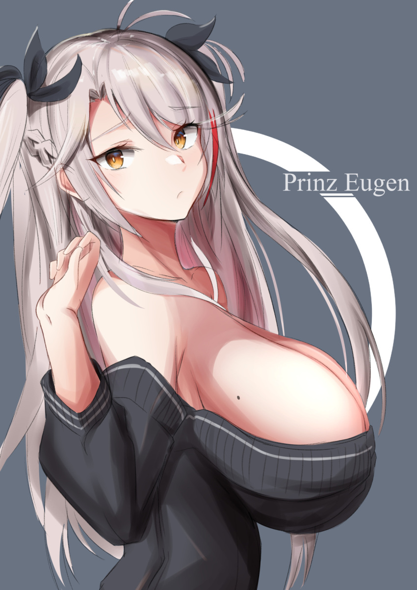 1girl antenna_hair azur_lane bangs black_sweater blush breasts brown_eyes character_name closed_mouth eyebrows_visible_through_hair from_side hair_between_eyes hair_ribbon hand_up highres j.roswel large_breasts long_hair looking_at_viewer mole mole_on_breast multicolored_hair off-shoulder_sweater off_shoulder prinz_eugen_(azur_lane) redhead ribbon silver_hair solo streaked_hair sweater two_side_up very_long_hair