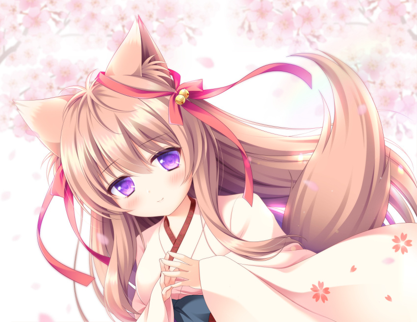 1girl animal_ear_fluff animal_ears bell blurry blurry_background blush brown_hair cherry_blossoms commentary_request eyebrows_visible_through_hair floral_print fox_ears fox_tail hair_bell hair_between_eyes hair_ornament hair_ribbon hands_together japanese_clothes kimono long_hair looking_at_viewer lump_of_sugar mito_mashiro red_ribbon ribbon ryuuka_sane sidelocks smile solo tail tayutama tayutama_2 very_long_hair violet_eyes