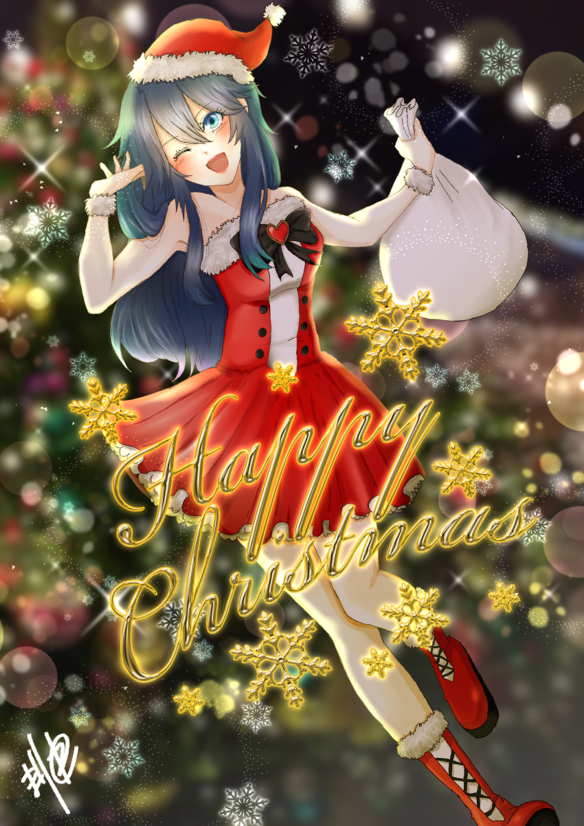 1girl blue_eyes blue_hair blush boots cute english_commentary eva02asuka0608 fire_emblem fire_emblem:_kakusei fire_emblem_awakening heart intelligent_systems long_hair lucina lucina_(fire_emblem) nintendo one_eye_closed parted_lips red_dress ribbon santa_costume santa_hat snowflakes solo sparkle super_smash_bros. wink