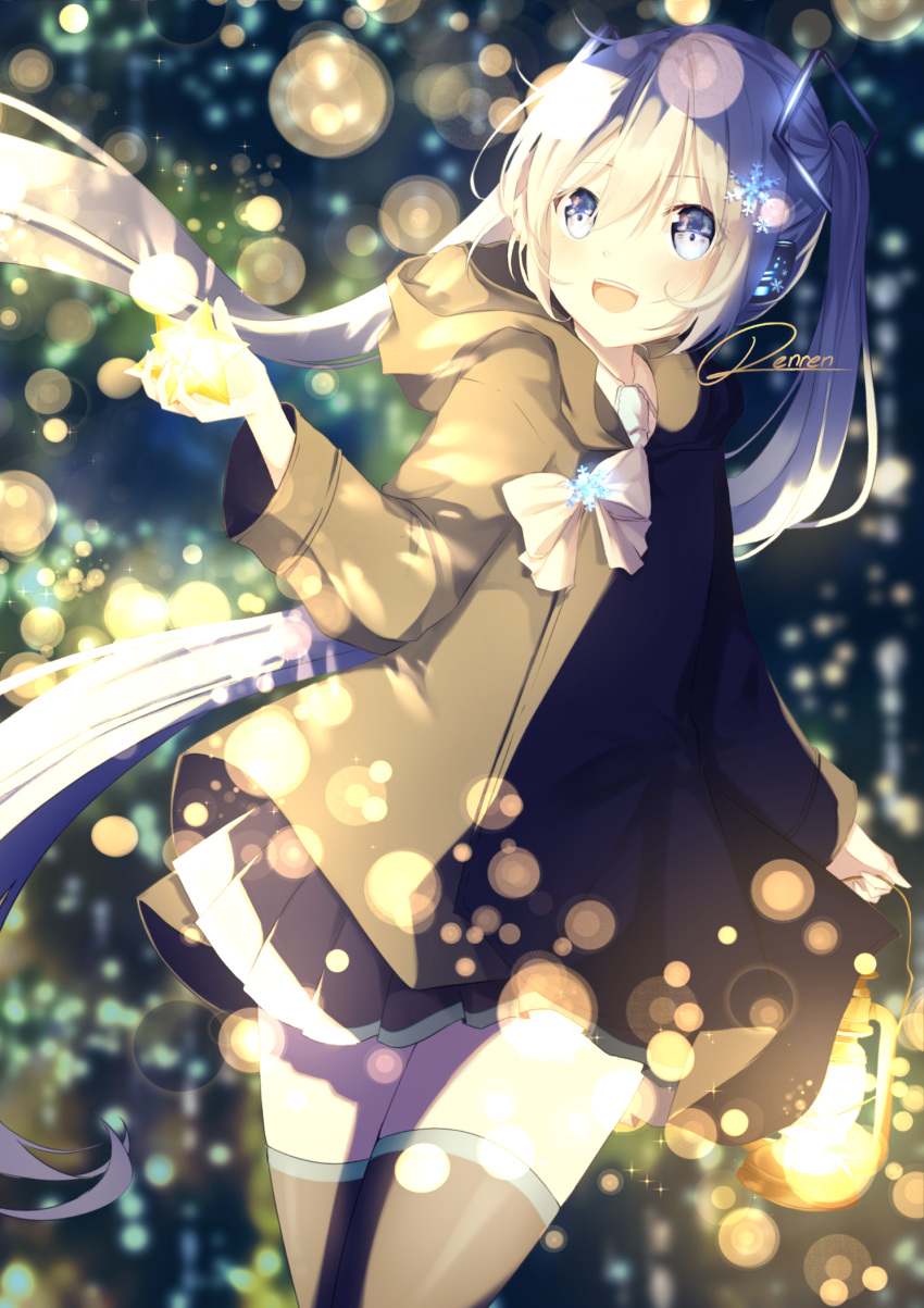 1girl aqua_neckwear black_legwear black_skirt blurry blurry_background bokeh bow bowtie commentary depth_of_field dutch_angle glowing hair_ornament hatsune_miku headphones highres holding_lantern holding_star hood hooded_jacket jacket lantern light_blue_eyes light_blue_hair long_hair miniskirt necktie night open_mouth skirt smile snowflake_hair_ornament snowflakes solo standing star symbol_commentary thigh-highs twintails user_crvv2428 very_long_hair vocaloid zettai_ryouiki