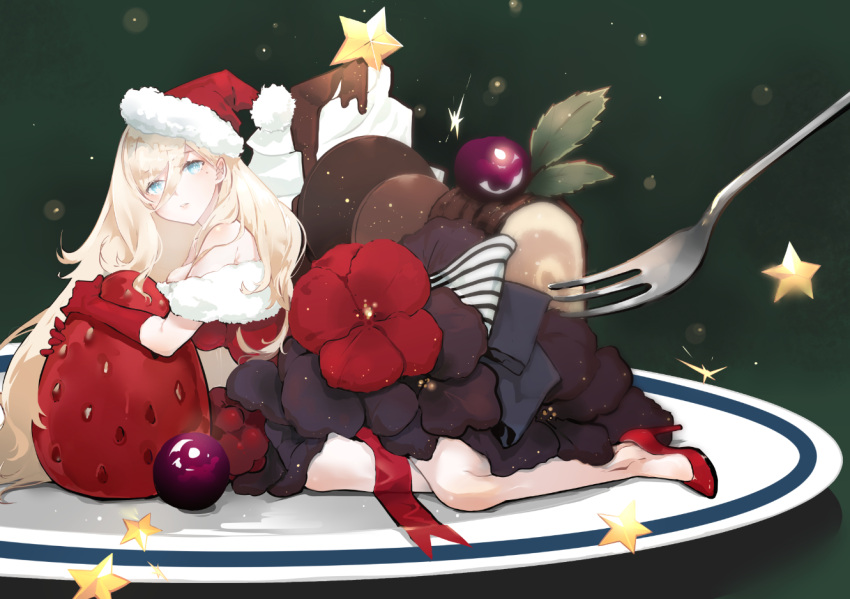 1girl blonde_hair blue_eyes blush breasts cherry dress food fork fruit fur-trimmed_dress gloves hair_between_eyes hat high_heels kantai_collection long_hair looking_at_viewer mole mole_under_eye mole_under_mouth nello_(luminous_darkness) pudding red_dress red_footwear red_gloves richelieu_(kantai_collection) santa_hat sitting smile solo star strawberry