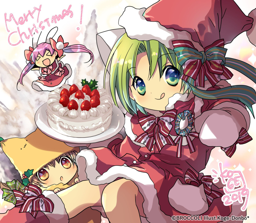 &gt;_&lt; 3girls :d animal_ears blue_eyes blush brown_eyes brown_hair capelet cat_ears chibi closed_mouth commentary dated dejiko di_gi_charat dress food fur_trim gema green_eyes green_hair hat highres holding holding_cake holding_food koge_donbo looking_at_viewer merry_christmas multiple_girls official_art open_mouth pink_hair puchiko rabbit_ears red_dress sack santa_costume santa_hat short_hair signature simple_background smile strawberry_shortcake tongue tongue_out twintails usada_hikaru watermark white_mittens xd