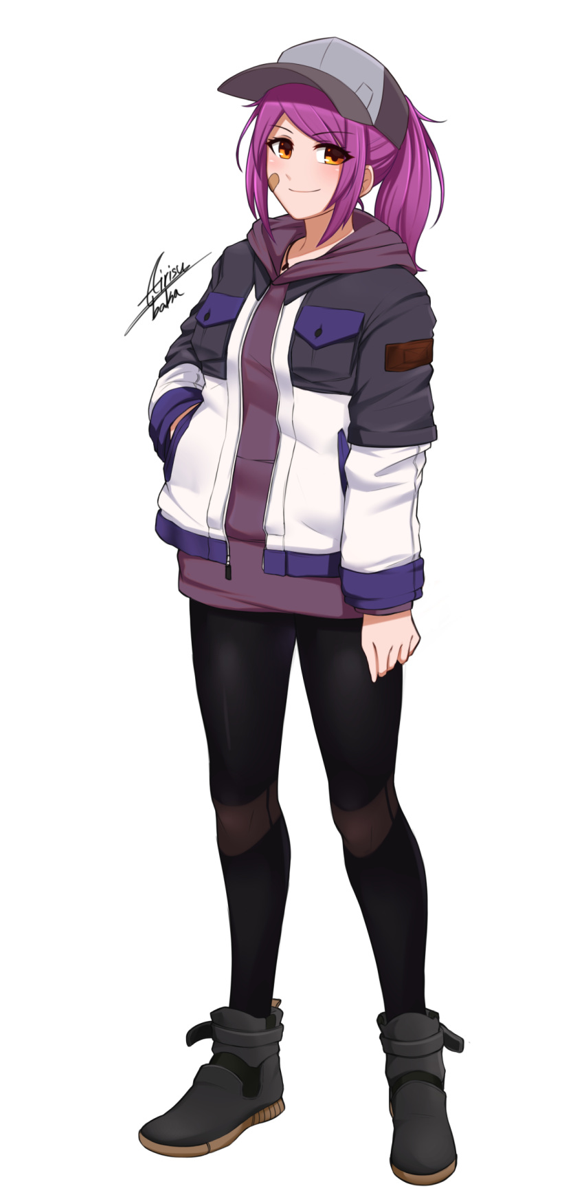 1girl absurdres airisubaka artist_name bangs black_footwear black_jacket black_legwear breasts brown_eyes collarbone commentary eyebrows_visible_through_hair full_body hat highres jacket leah_(airisubaka) long_hair looking_at_viewer medium_breasts original ponytail purple_hair purple_sweater shoes signature simple_background smile solo sweater white_background white_jacket