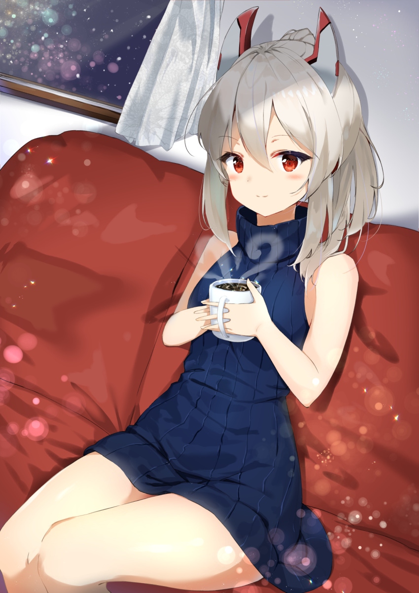 1girl alternate_costume ayanami_(azur_lane) azur_lane bangs bare_arms bare_legs blue_sweater blush breasts closed_mouth coffee_mug couch cup curtains g_uhrabbit hair_between_eyes headgear highres holding holding_cup looking_at_viewer medium_hair mug ribbed_sweater short_ponytail sidelocks sitting sleeveless_sweater small_breasts smile solo sweater turtleneck turtleneck_sweater window