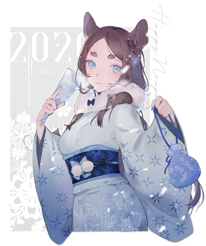2020 absurdres animal animal_ears animal_on_shoulder blue_nails blurry border breasts breath brown_eyes brown_hair chinese_zodiac english_commentary enpera eyebrows fur_scarf hagoita hair_ornament highres holding japanese_clothes kanzashi kimono kinchaku long_hair long_sleeves looking_at_viewer medium_breasts mouse mouse_ears new_year obi original outside_border paddle pouch sash scarf snowflake_hair_ornament snowflake_print snowflakes transparent white_border year_of_the_rat yoimon