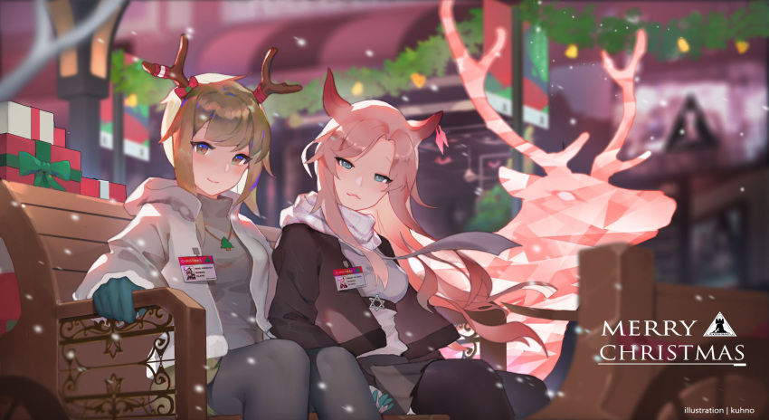 2girls antlers arknights bangs black_jacket black_legwear blue_eyes blue_gloves blurry blurry_background blurry_foreground box breasts brown_eyes brown_hair brown_skirt character_request christmas closed_mouth commentary_request depth_of_field eyebrows_visible_through_hair firewatch_(arknights) gift gift_box gloves grey_legwear grey_shirt grey_skirt highres hood hood_down hooded_jacket horns id_card jacket kuhnowushi lamppost long_hair looking_at_viewer medium_breasts merry_christmas multiple_girls open_clothes open_jacket pantyhose parted_bangs pink_hair pleated_skirt scarf shirt sitting skirt smile very_long_hair white_jacket white_scarf white_shirt
