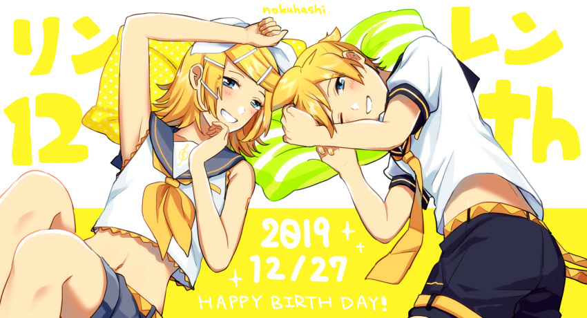 2019 bangs bare_shoulders black_collar black_shorts blonde_hair blue_eyes blush bow character_name collar commentary crop_top dated grin hair_bow hair_ornament hairclip hand_on_own_chin hand_on_own_head hand_up happy_birthday kagamine_len kagamine_rin knees_up looking_at_viewer lying midriff nail_polish navel neckerchief necktie nokuhashi on_back on_side one_eye_closed pillow sailor_collar school_uniform shirt short_hair short_ponytail short_shorts short_sleeves shorts shoulder_tattoo sleeveless smile spiky_hair swept_bangs tattoo upper_body vocaloid white_bow white_shirt yellow_nails yellow_neckwear