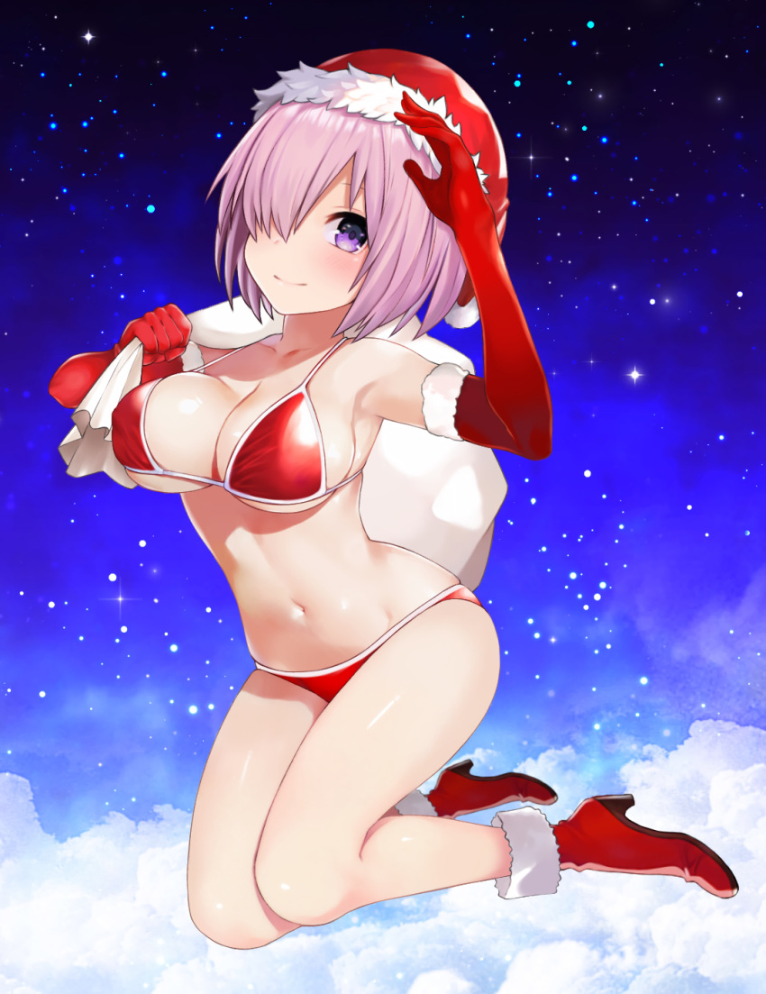 1girl above_clouds airborne arm_up bikini blush breasts closed_mouth clouds collarbone covered_nipples elbow_gloves fate/grand_order fate_(series) foreshortening fur-trimmed_gloves fur_trim gloves hair_over_one_eye hand_up hat high_heels highres holding holding_sack large_breasts lavender_hair looking_at_viewer mash_kyrielight navel red_bikini red_footwear red_gloves sack santa_hat short_hair skindentation sky smile solo star_(sky) starry_sky strap_gap string_bikini swimsuit thighs under_boob violet_eyes wide_hips yoshi8357