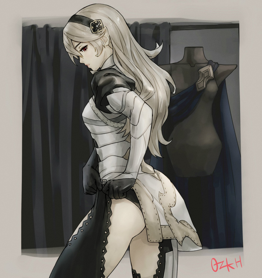 1girl armor black_gloves black_hairband corrin_(fire_emblem) corrin_(fire_emblem)_(female) dragon_girl dressing elf fire_emblem fire_emblem_14 fire_emblem_fates fire_emblem_if from_side gloves hairband highres intelligent_systems long_hair manakete nintendo ozkh6 parted_lips pointy_ears red_eyes solo white_hair