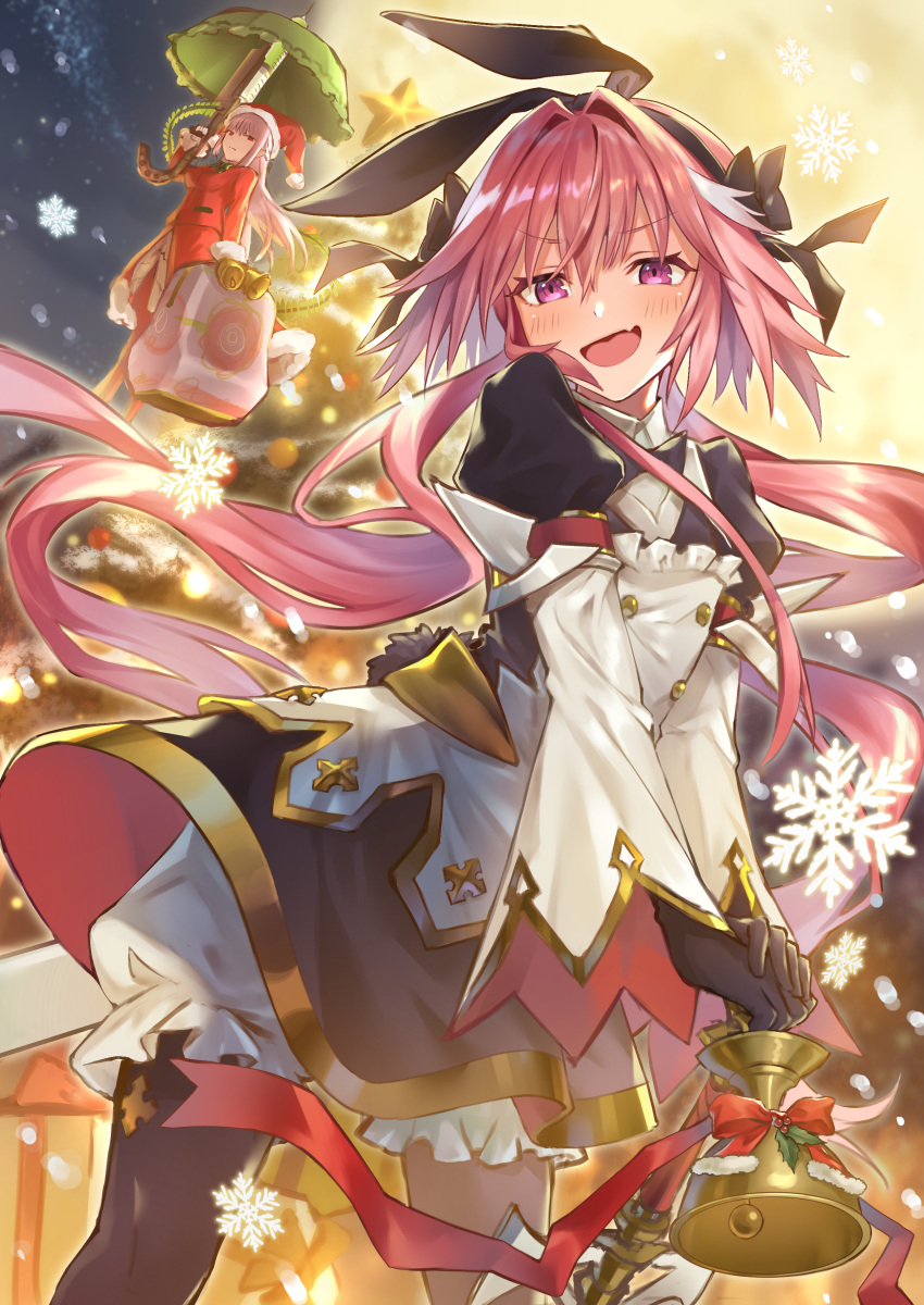 1boy 1girl absurdres astolfo_(saber)_(fate) bangs black_bow black_gloves black_legwear black_ribbon blush bow bowtie character_request commentary_request dress fang fate/grand_order fate_(series) gloves hair_bow hair_intakes hair_ribbon highres holding holding_bell holding_umbrella jacket long_hair long_sleeves looking_at_viewer multicolored_hair otoko_no_ko pantyhose pink_hair purple_hair red_jacket ribbon skin_fang smile solo_focus streaked_hair tamu_(tamurarucaffe1226) tongue twintails umbrella violet_eyes white_hair