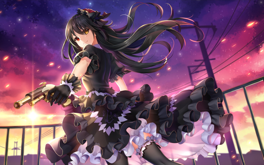 1girl black_dress black_gloves black_hair black_legwear clock_eyes closed_mouth cropped date_a_live dress gloves gothic_lolita gun hair_ornament heterochromia holding holding_gun holding_weapon lolita_fashion long_hair looking_at_viewer red_eyes smile solo symbol-shaped_pupils thigh-highs tokisaki_kurumi weapon yellow_eyes yue_xiao_e