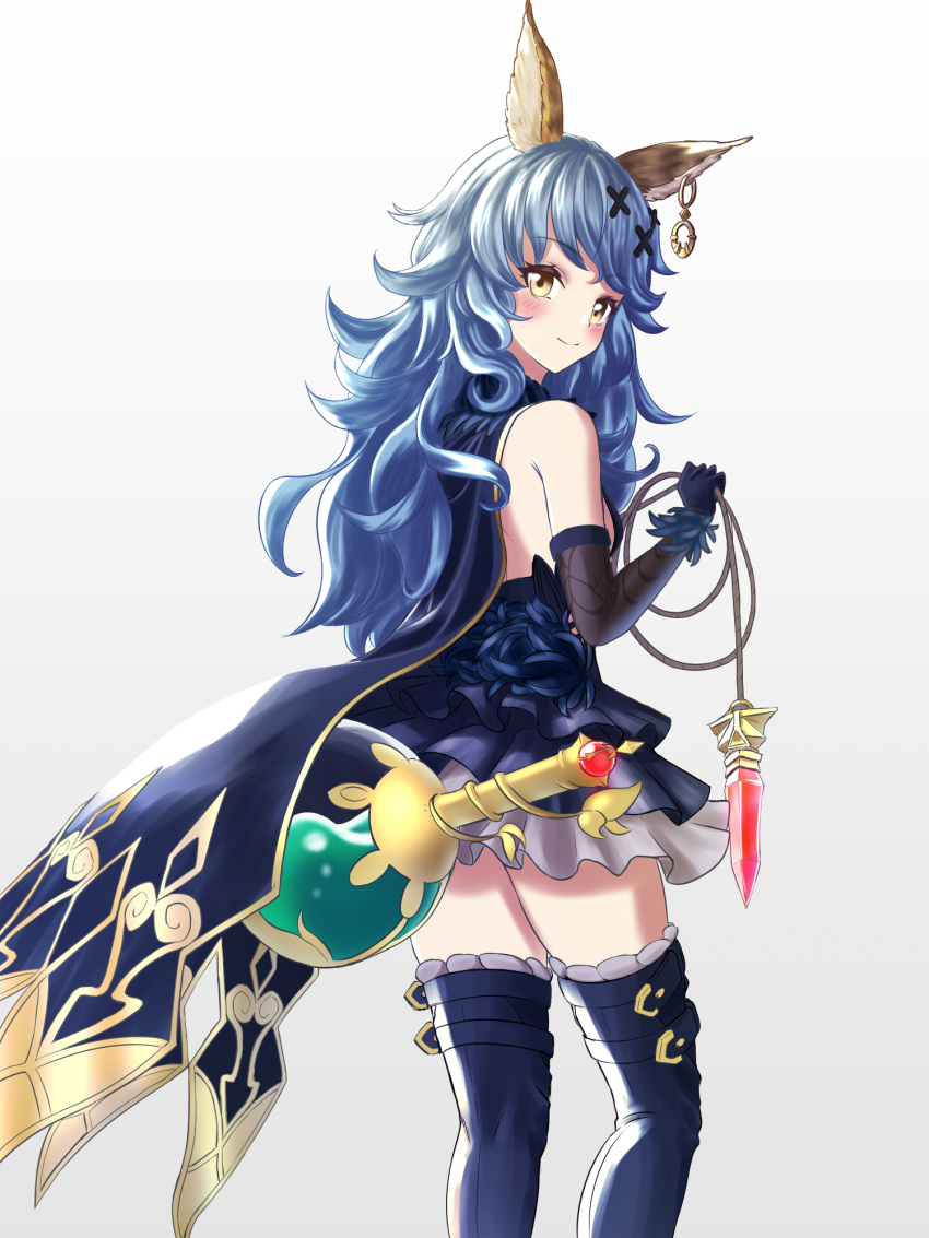1girl animal_ears backless_outfit bare_shoulders blue_cape blue_dress blue_hair blue_legwear blush boots cape commentary_request curly_hair dress elbow_gloves erune feather-trimmed_gloves ferry_(granblue_fantasy) from_behind gloves granblue_fantasy hair_ornament hairclip highres hikachuu6 holding_whip jewelry layered_dress long_hair looking_at_viewer looking_back pleated_dress simple_background single_earring smile solo thigh-highs thigh_boots x_hair_ornament yellow_eyes