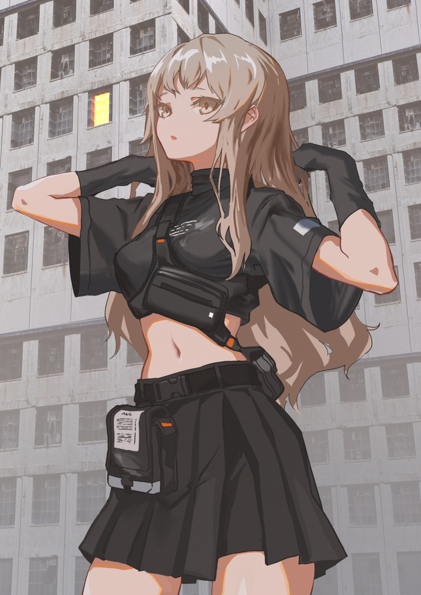 1girl absurdres bag belt belt_bag black_gloves black_skirt breasts brown_eyes brown_hair building cancell cowboy_shot gloves highres huge_filesize looking_at_viewer medium_breasts medium_hair midriff miniskirt navel open_mouth original short_sleeves skirt solo strap thighs window