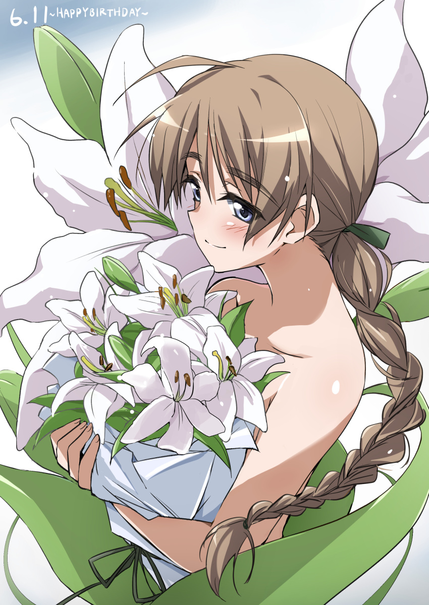 absurdres ahoge bare_shoulders blue_eyes bouquet braid brown_hair collarbone commentary_request eyebrows_visible_through_hair flower green_ribbon hair_ribbon highres holding holding_bouquet lily_(flower) long_hair lynette_bishop ribbon single_braid strike_witches tied_hair tokiani upper_body world_witches_series