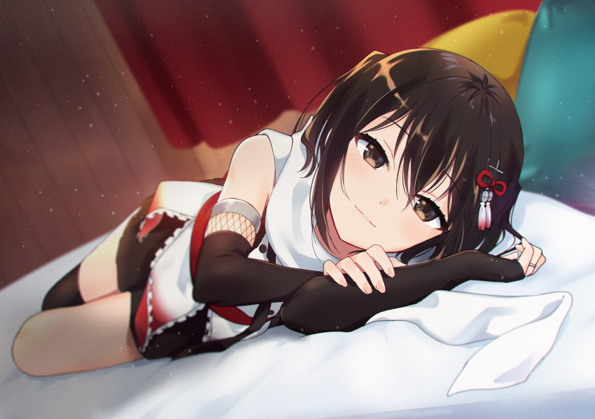 1girl bangs bed bed_sheet black_gloves black_legwear black_skirt blush brown_eyes brown_hair closed_mouth commentary_request elbow_gloves eyebrows_visible_through_hair fingerless_gloves gloves hair_ornament highres huge_filesize ica indoors jewelry kantai_collection looking_at_viewer lying neckerchief on_back on_side pillow remodel_(kantai_collection) ring scarf school_uniform sendai_(kantai_collection) serafuku short_hair single_thighhigh skirt smile solo thigh-highs two_side_up wedding_band white_scarf