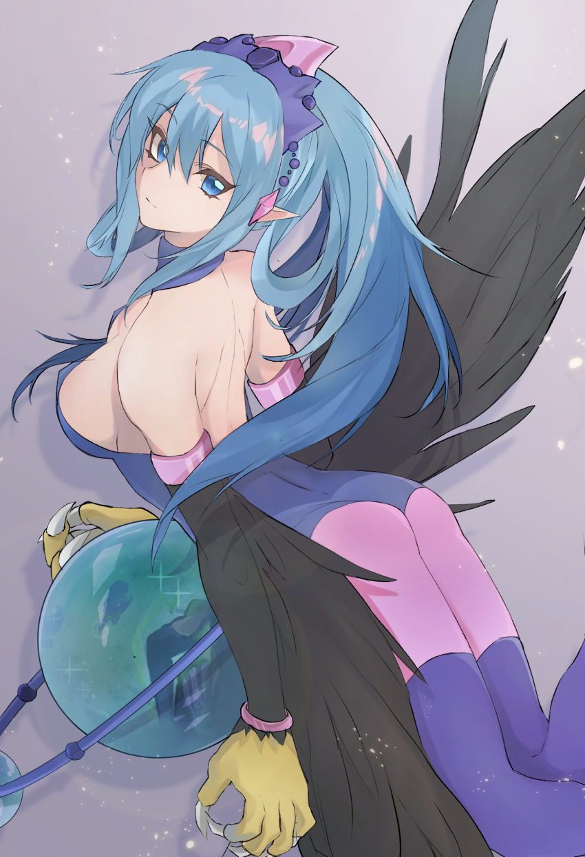 1girl armlet ass back bangs black_wings boots breasts claws commentary_request crystal_ball duel_monster eyebrows_visible_through_hair facing_viewer feathered_wings hair_between_eyes hair_rings harpie_oracle harpy head_tilt headpiece highres large_breasts leotard light_blue_eyes light_blue_hair light_particles light_smile monster_girl pink_leggings pointy_ears purple_legwear purple_leotard shadow shiny shiny_hair sidelocks sparkle strapless strapless_leotard thigh-highs tsumayouji_(dekosoko) tsurime winged_arms wings yuu-gi-ou