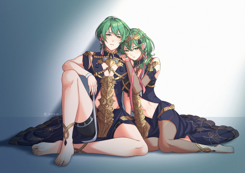 1boy 1girl aequorine barefoot byleth_(fire_emblem) byleth_eisner_(female) byleth_eisner_(male) closed_eyes feet fire_emblem fire_emblem:_three_houses green_hair leaning_on_person legs long_hair official_alternate_costume revealing_clothes sitting twitter_username