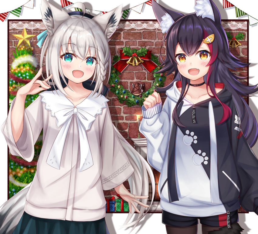 2girls absurdres animal_ear_fluff animal_ears bangs black_hair black_hoodie black_shorts blue_eyes blue_skirt box brick_wall brown_eyes brown_legwear christmas christmas_lights christmas_ornaments christmas_tree christmas_wreath collarbone commentary_request eyebrows_visible_through_hair fox_ears fox_girl fox_shadow_puppet fox_tail gift gift_box grey_shirt hair_between_eyes hair_ornament hand_up highres hololive hood hood_down hoodie huge_filesize legwear_under_shorts long_sleeves multicolored_hair multiple_girls namekuji_ojiichan ookami_mio pantyhose pennant pinching_sleeves pleated_skirt redhead shirakami_fubuki shirt short_shorts shorts silver_hair skirt sleeves_past_wrists streaked_hair string_of_flags tail virtual_youtuber white_hoodie wide_sleeves wolf_ears wolf_girl wolf_tail