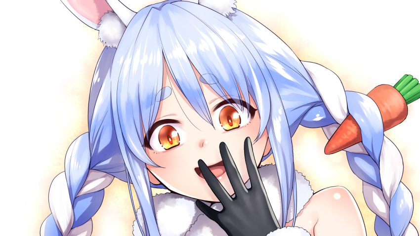 1girl animal_ear_fluff animal_ears bangs bare_shoulders benimura_karu black_gloves blue_hair braid bunny_girl carrot carrot_hair_ornament extra_ears eyebrows eyebrows_visible_through_hair food_themed_hair_ornament gloves hair_between_eyes hair_ornament hololive looking_at_viewer multicolored_hair open_mouth orange_eyes rabbit_ears scarf solo tongue twin_braids two-tone_hair usada_pekora virtual_youtuber white_hair