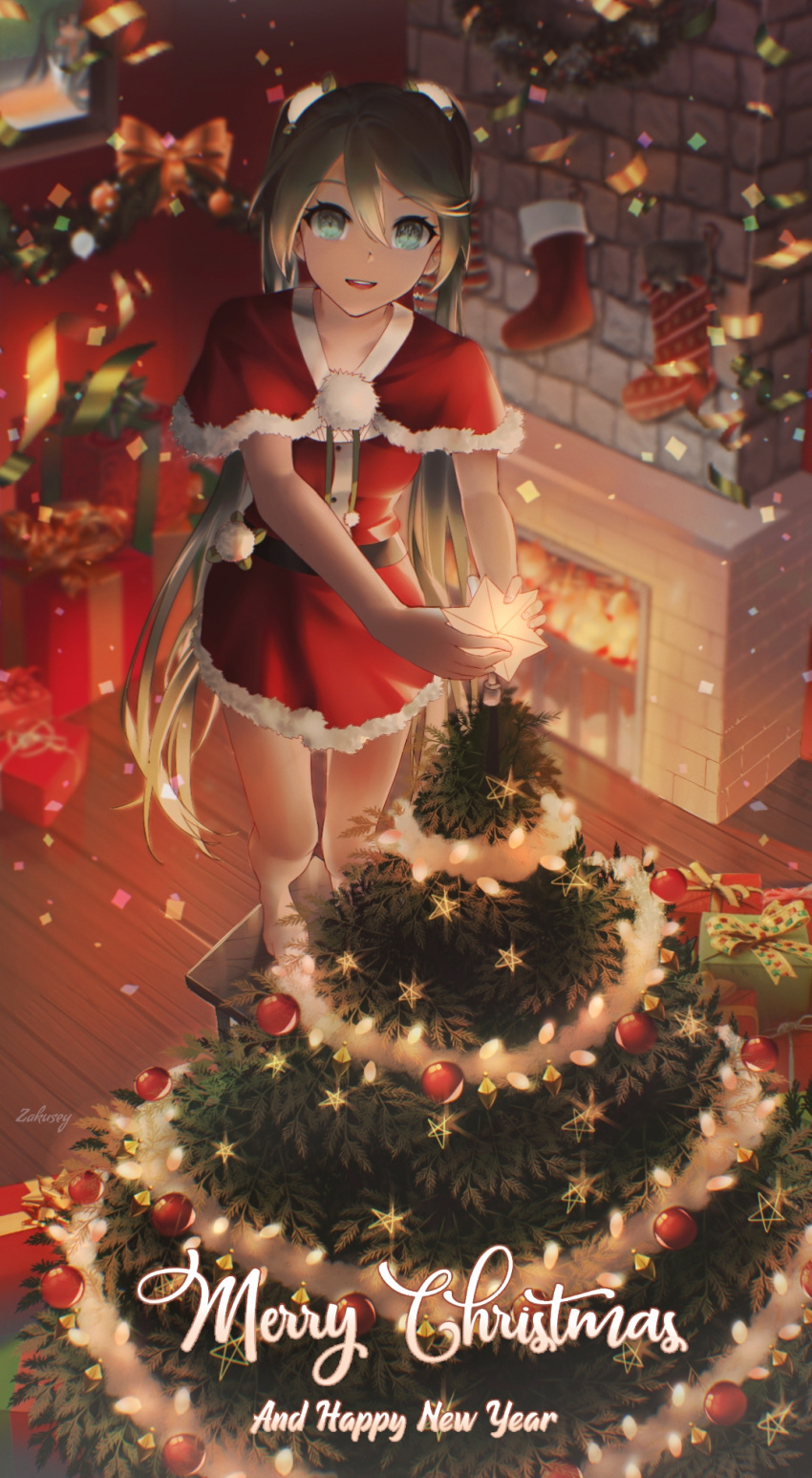 1girl aqua_eyes aqua_hair bow box capelet christmas christmas_lights christmas_ornaments christmas_stocking christmas_tree christmas_wreath commentary english_commentary fire fireplace foreshortening fur-trimmed_capelet fur-trimmed_skirt fur_trim gift gift_box happy_new_year hatsune_miku highres holding_star indoors long_hair looking_at_viewer merry_christmas new_year parted_lips red_capelet red_shirt red_skirt santa_costume shirt skirt sleeveless sleeveless_shirt smile standing star stepladder twintails very_long_hair vocaloid zakusey