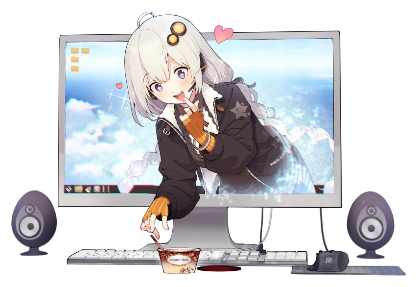1girl absurdres ahoge black_coat black_dress blue_eyes braid brand_name_imitation cable clouds cloudy_sky coat commentary desktop dress drooling elbow_gloves finger_to_mouth fingerless_gloves food gloves haagen-dazs hair_ornament heart highres ice_cream ice_cream_cup ice_cream_spoon keyboard_(computer) kizuna_akari leaning_forward lid light_blush long_hair looking_down monitor mouse_(computer) mousepad mouth_drool open_mouth orange_gloves shirinda_fureiru silver_hair sky smile sparkle sparkling_eyes speaker spoon star star_print through_screen twin_braids upper_body vocaloid voiceroid white_background wristband