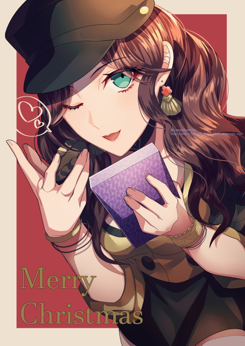 1girl black_headwear box bracelet brown_hair dorothea_arnault earrings fire_emblem fire_emblem:_three_houses garreg_mach_monastery_uniform gift gift_box green_eyes hat heart highres holding jewelry long_hair merry_christmas one_eye_closed open_mouth red_background simple_background solo spoken_heart twitter_username uniform upper_body watermark web_address yanagiba_kiriko