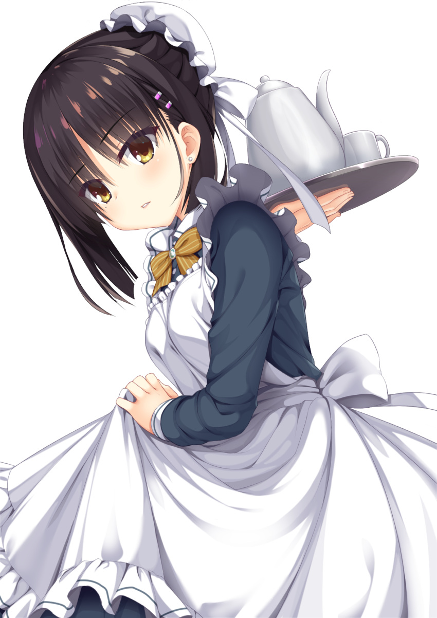 1girl 8kumagawa_(log) black_hair bow brown_bow brown_eyes cafe_stella_to_shinigami_no_chou earrings hair_ornament hairclip hat highres holding holding_tray jewelry long_sleeves mob_cap shiki_natsume short_hair simple_background skirt_hold solo standing stud_earrings teapot tray white_background white_headwear