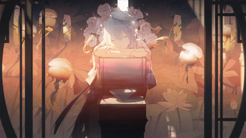 1girl beret blue_hair bowl bracelet closed_eyes commentary crossed_arms dress expressionless fish floral_print flower flying_fish haiyi hat head_rest highres jellyfish jewelry kieed long_hair lotus parted_lips round_window sleeping solo vocaloid white_dress white_headwear