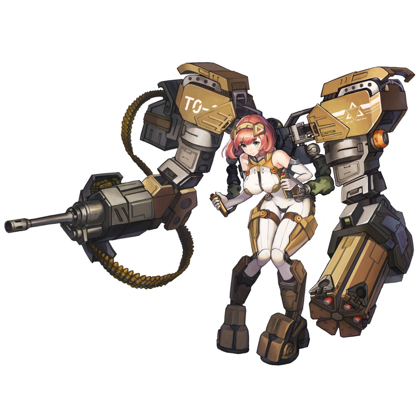 1girl a-6_io bangs blush bodysuit boots breasts chain_gun eyebrows_visible_through_hair full_body green_eyes hair_between_eyes hairband highres large_breasts last_origin looking_at_viewer official_art paintale power_suit redhead rocket_launcher short_hair solo tachi-e transparent_background weapon