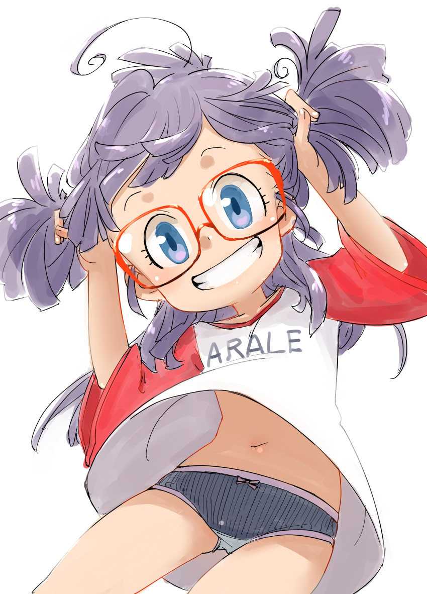 1girl absurdres adjusting_hair ahoge bangs bow bow_panties character_name clothes_writing commentary_request cowboy_shot crotch_seam dr._slump grin hamahara_yoshio hand_in_hair head_tilt highres leaning_to_the_side long_hair looking_at_viewer navel no_pants norimaki_arale panties purple_hair purple_panties raglan_sleeves red-framed_eyewear shirt short_sleeves simple_background smile solo standing striped underwear vertical-striped_panties vertical_stripes violet_eyes white_background white_shirt