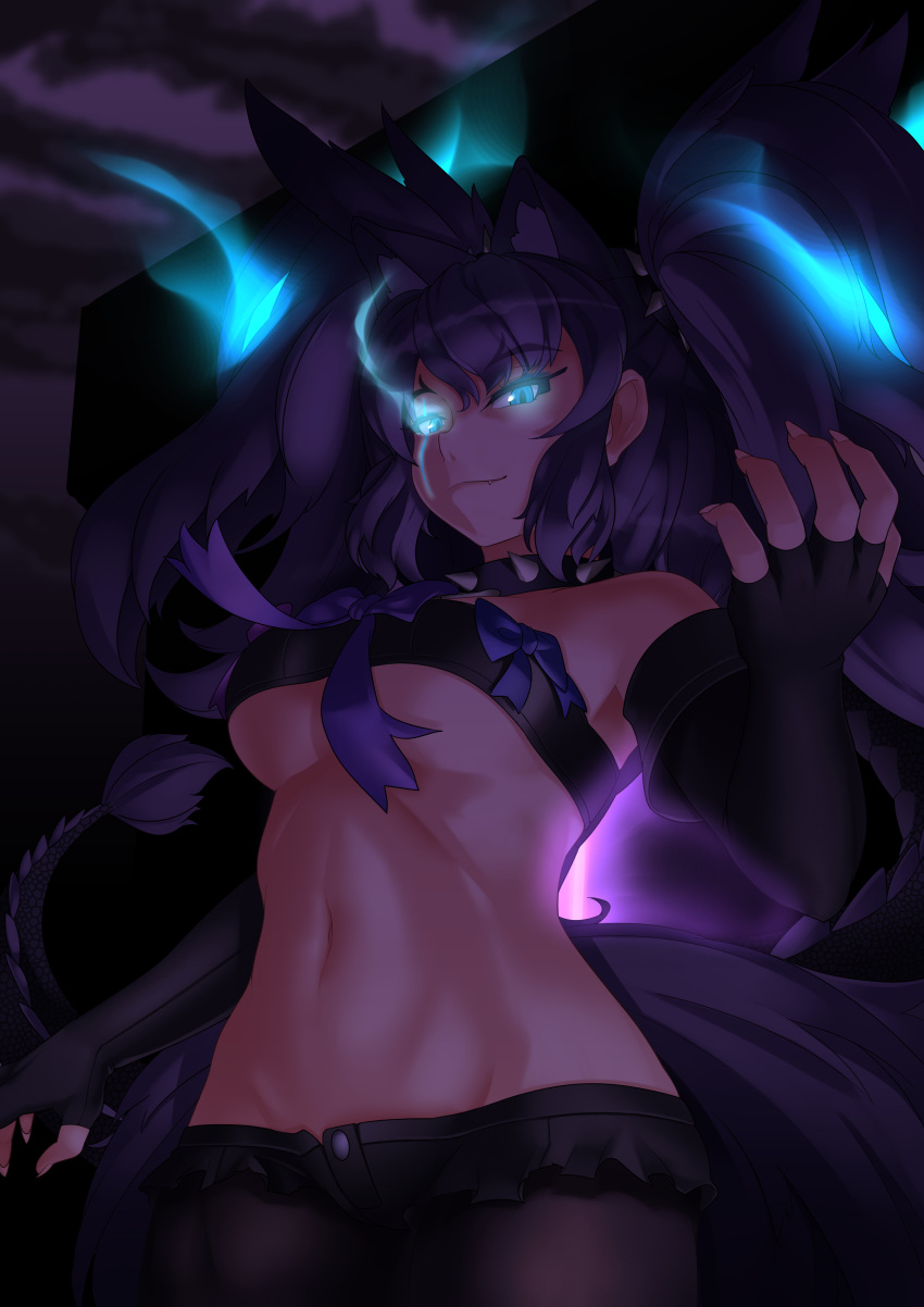 1girl absurdres animal_ears aqua_eyes arm_at_side bare_shoulders beltbra big_hair black_gloves black_legwear black_shorts bow breasts buttons cerberus_(kemono_friends) closed_mouth collar cowboy_shot cutoffs dark dog_ears elbow_gloves eyebrows_visible_through_hair fang fang_out fingerless_gloves fingernails gloves glowing glowing_eyes glowing_hair groin hand_up highres kawanami_eito kemono_friends legwear_under_shorts long_hair looking_at_viewer medium_breasts micro_shorts navel pantyhose purple_hair scar scar_across_eye sharp_fingernails shorts sidelocks smile solo spiked_collar spikes stomach tail toned two_side_up under_boob