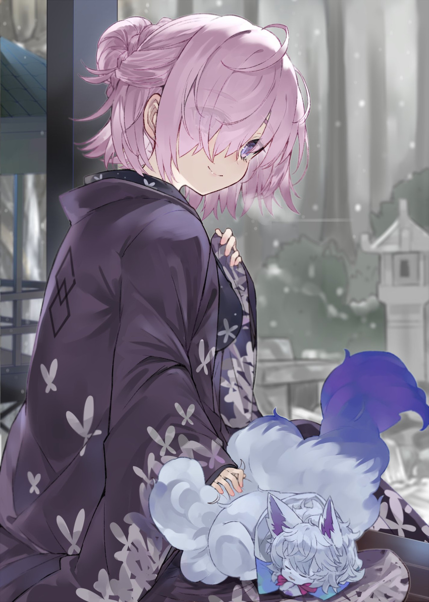1girl blush breasts closed_mouth fate/grand_order fate_(series) fou_(fate/grand_order) hair_bun hair_over_one_eye highres japanese_clothes kimono kou_mashiro large_breasts lavender_hair long_sleeves looking_at_viewer mash_kyrielight purple_kimono short_hair sitting smile violet_eyes wide_sleeves