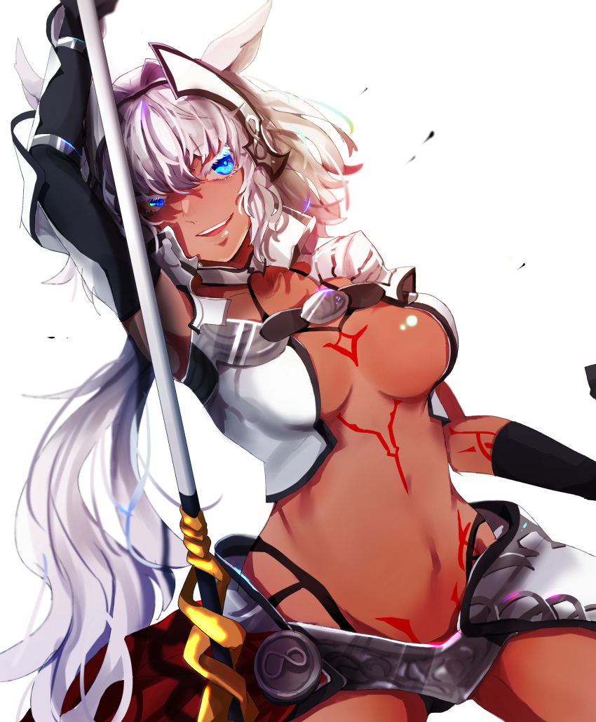 1girl animal_ears arm_up armpits bangs belt black_gloves black_panties blue_eyes body_markings breasts caenis_(fate) collarbone commentary_request cowboy_shot cyan_ink dark_skin elbow_gloves eyebrows_visible_through_hair eyelashes fate/grand_order fate_(series) faulds gauntlets gloves hair_intakes halter_top halterneck head_tilt headpiece highleg highleg_panties highres holding holding_spear holding_weapon large_breasts long_hair looking_at_viewer midriff navel open_mouth panties pauldrons polearm shoulder_plates smile solo spear underwear very_long_hair weapon white_background white_hair