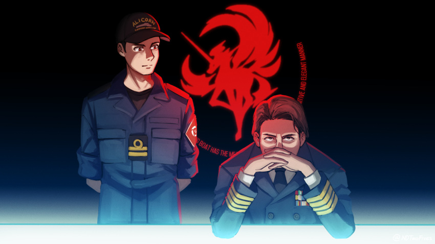 2boys ace_combat_7 alicorn_(ace_combat) arms_behind_back baseball_cap black_headwear black_neckwear blue_jacket brown_eyes brown_hair closed_mouth clothes_writing commentary covered_mouth english_commentary english_text gendou_pose hands_clasped hat highres jacket long_sleeves looking_at_another looking_away looking_to_the_side male_focus military_jacket multiple_boys ndtwofives necktie own_hands_together red_eyes shirt short_sleeves sitting standing white_shirt