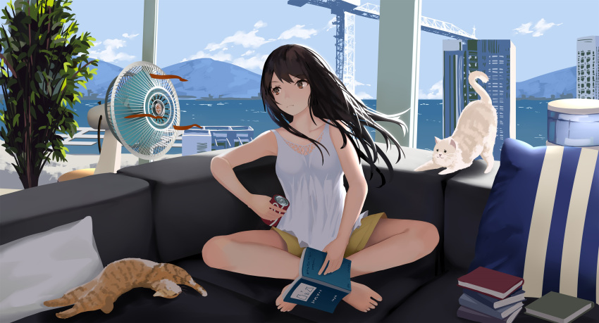 .l.l 1girl absurdres animal barefoot black_hair blue_sky book breasts building camisole can cat clouds commentary_request couch crane day electric_fan highres holding holding_book holding_can horizon indoors long_hair mountain ocean on_couch open_book original pillow short_shorts shorts sitting sky skyscraper small_breasts soda_can solo water white_camisole yellow_shorts