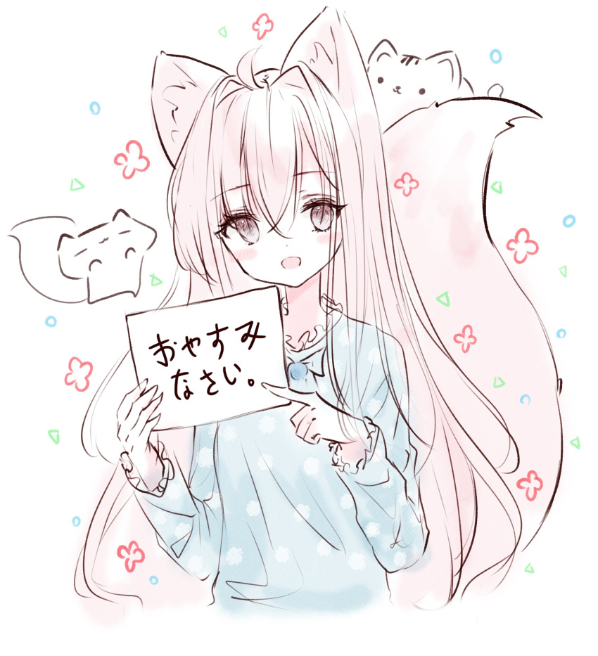 1girl :d ahoge animal animal_ear_fluff animal_ears bangs blue_dress blush_stickers brown_eyes cat dated dress eyebrows_visible_through_hair fox_ears fox_girl fox_tail hair_between_eyes hair_intakes highres holding holding_sign long_hair long_sleeves open_mouth original pink_hair pointing sign smile solo tail tandohark translated very_long_hair white_background